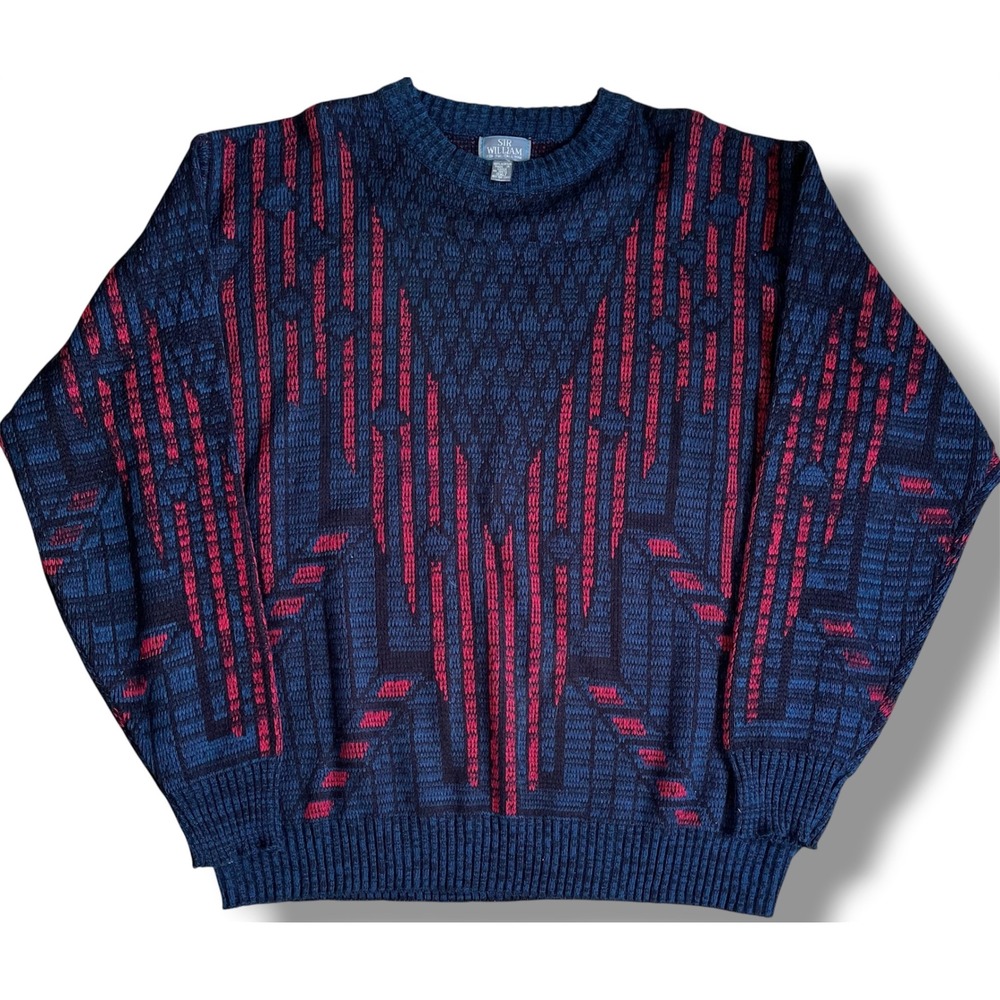 Sir William Vintage Mens 3XLT Tall Blue Red Geometric Knit Crewneck Sweater